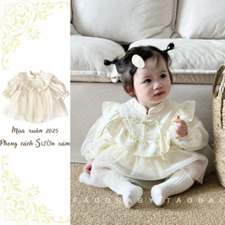 Ig Mới Thu Đông Quần Áo Cho Bé Gái Bé Gái Trắng Nguyên Chất Phong Cách Công Chúa Tấm Nút Nút Áo Dài Tay Body Trăm Ngày Tiệc Lưới Sợi Váy Quần Áo Bé 0-24 Tháng