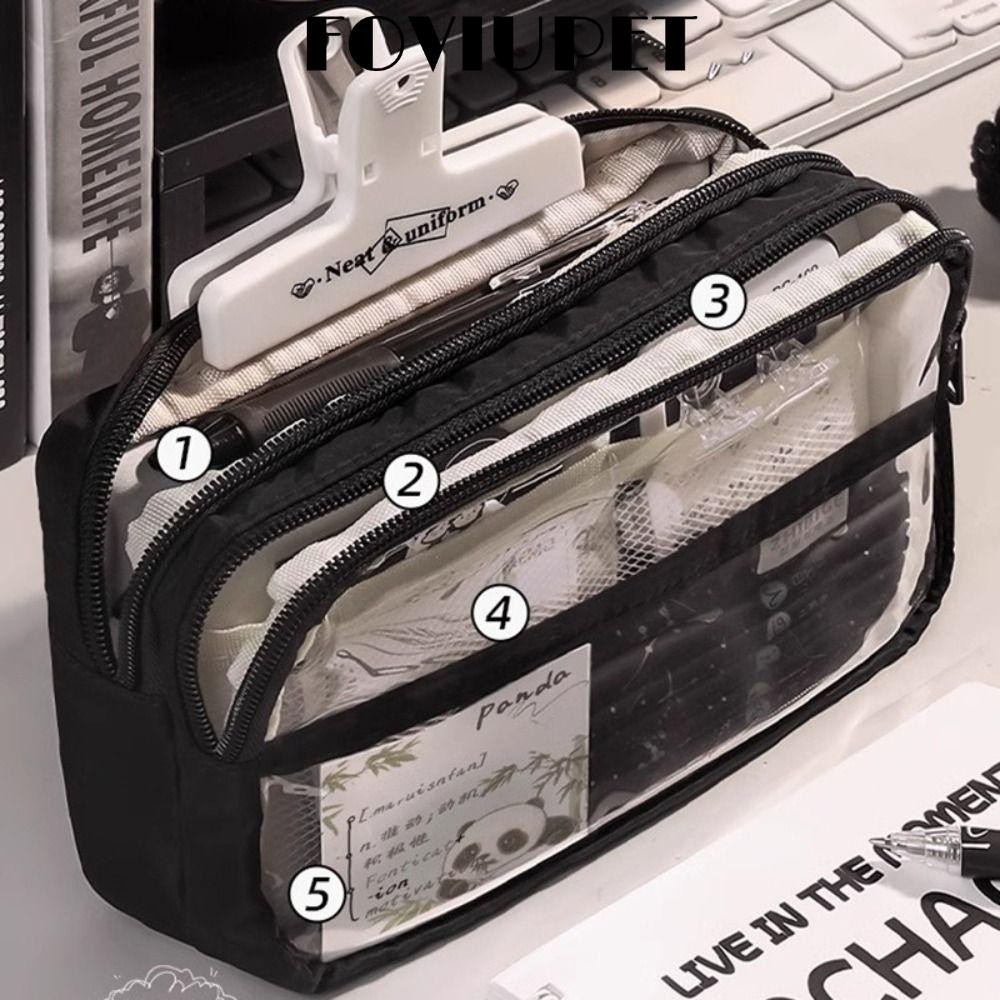 FOVIUPET  Trường hợp bút chì, da PU+bút chì PVC trong suốt, công suất lớn năm lớp xách tay bút chì trường hợp