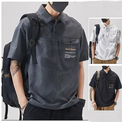 Áo thun nam băng lụa thêu chữ cái tay ngắn dáng rộng Nhật Bản Áo sơ mi Polo thông thường có ve áo mỏng khô nhanh Plus Size LY10