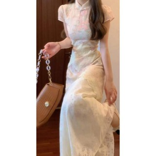 Váy hoa ngắn tay cổ tàu phối ren giả hai mảnh phong cách Trung Quốc mới ngọt ngào thanh lịch