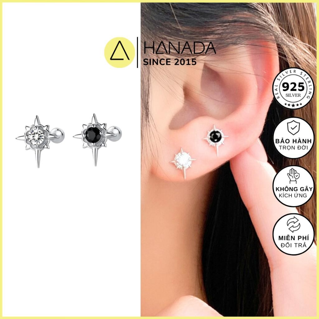 [BH TRỌN ĐỜI]Khuyên Bạc 925 Hanada Chui Bi Vặn  Sao Băng Đính Đá Đen Trắng , Bông Tai Quà Tặng, Mang hằng ngày  2415