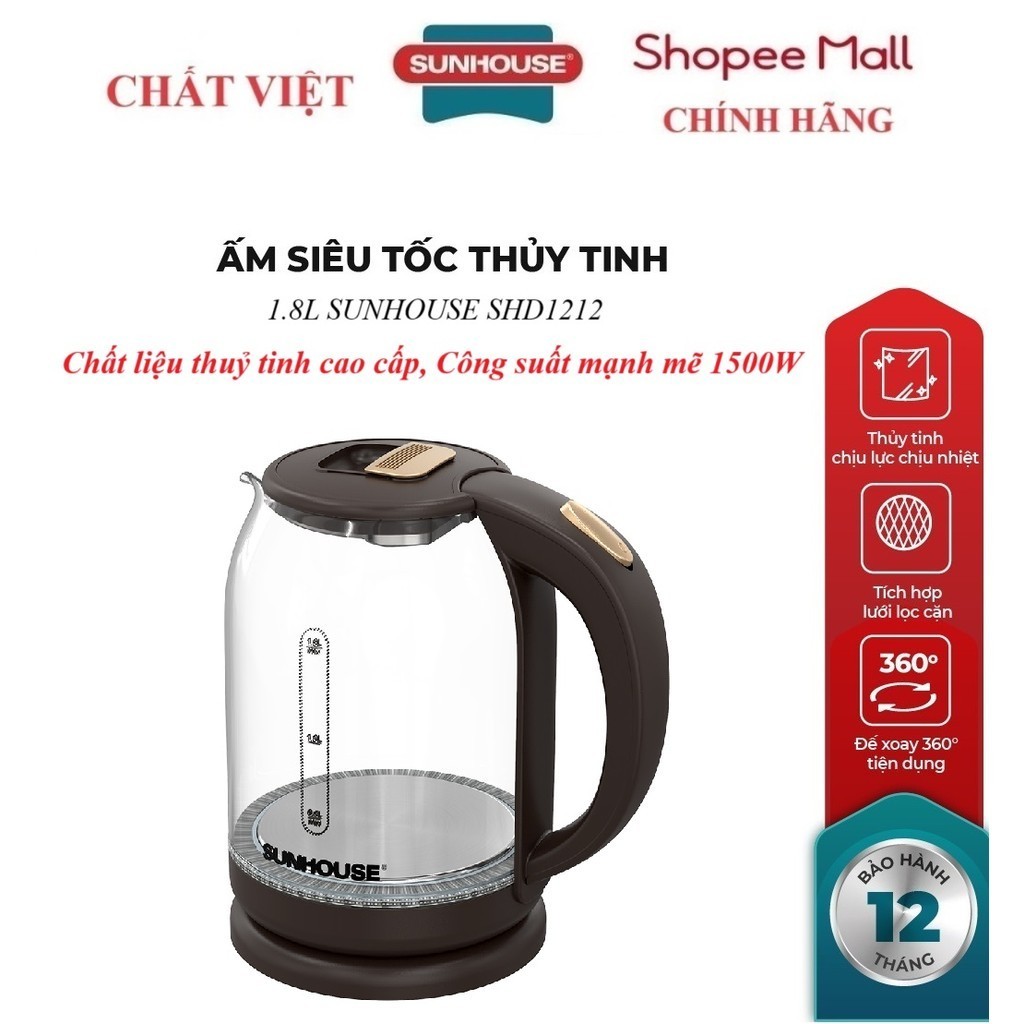 Ấm Siêu Tốc, Bình đun siêu tốc Thuỷ Tinh SUNHOUSE SHD1212