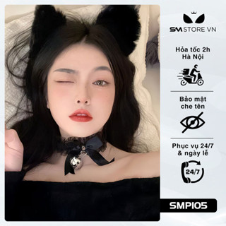 SMP105 - vòng cổ choker đính chuông gắn nơ màu đen trắng
