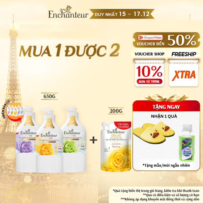 [Tặng Túi 200G] Sữa Tắm Hương Nước Hoa Pháp Enchanteur Deluxe 650G - Mềm Mịn Như Lụa Lưu Hương 24H (Tặng Mùi Ngẫu Nhiên)