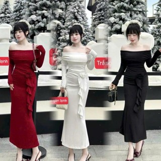 Đầm trễ vai dáng ôm tay dài mix hoa eo tua rua tôn dáng đi chơi đi tiệc, đám cưới - thun tăm thái L741 Sumi House