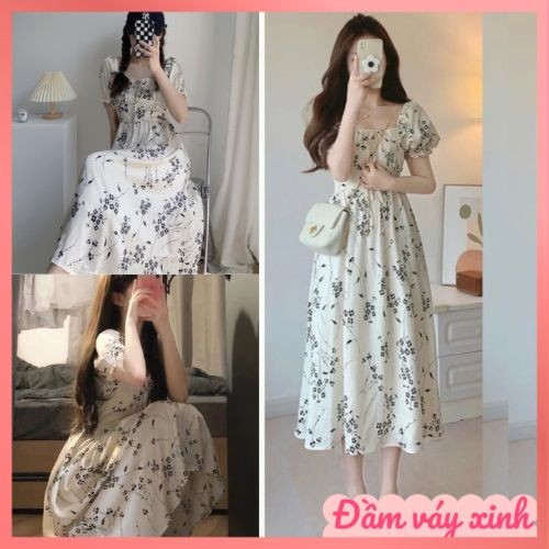 Đầm lụa hoa nhí tay phồng cổ vuông phong cách nàng thơ, Váy babydoll dáng dài cổ vuông hoa nhí vinta
