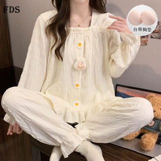 Đồ ngủ có đệm ngực thỏ ba chiều bông FDS, quần dài tay cổ vuông có đệm ngực mùa xuân thu cho nữ, bộ đồ mặc nhà