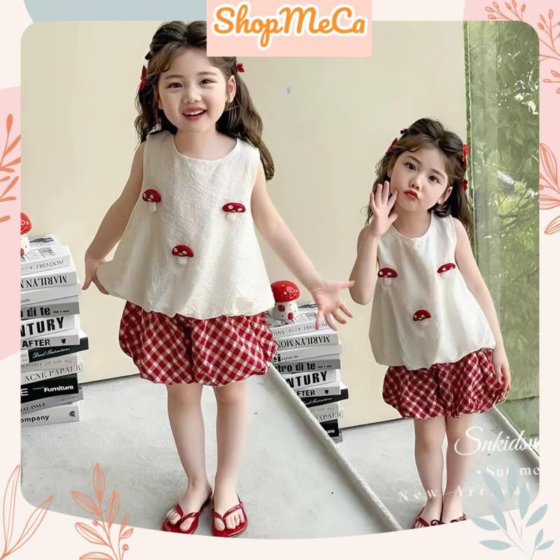 SN157,  Bộ quần áo bé gái, Set áo nấm đũi hàn quần bí kẻ caro đỏ cho bé gái