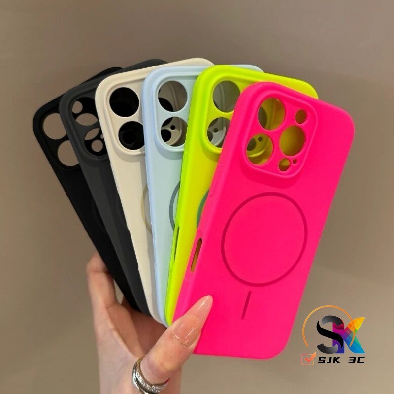 Mới Huỳnh Quang Xanh Hồng iP 16 Promax Vòng Tròn Tinh Tế Silicon Từ Tính Ốp Lưng Điện Thoại iPhone 1