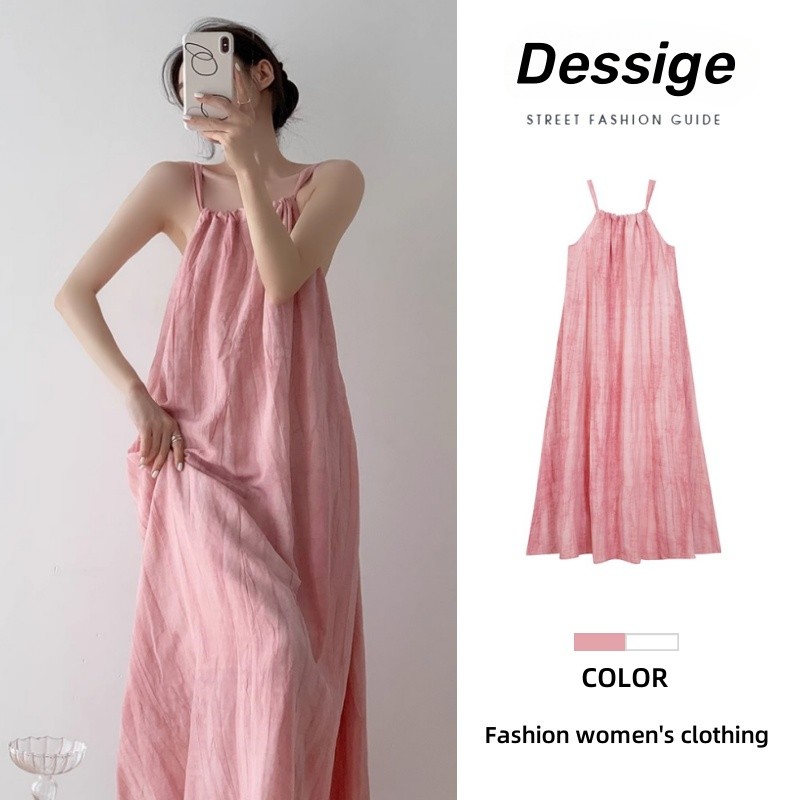 Dessige Váy 2 dây trễ vai Váy đi biển Đầm hai dây bigsize nữ Váy dài Màu Hồng Smudge Đầm Nữ Mùa Hè