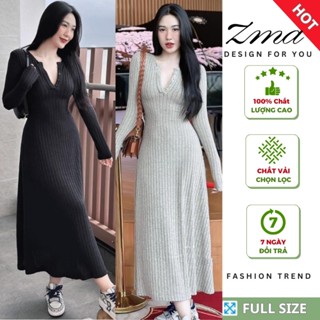 Váy len dáng dài, Đầm len babydoll thu đông chất vải co giãn ôm body dài tay cao cấp ZMA
