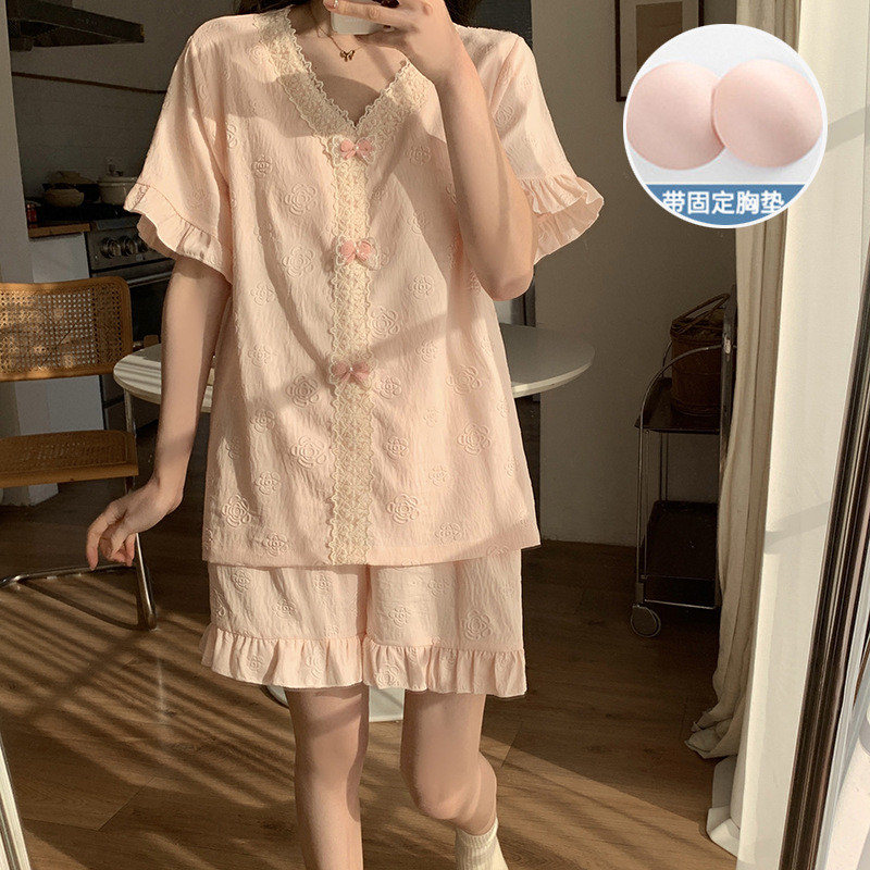 Cloud Cotton Pajamas Women's Summer Short-Sleeved Shorts with Chest Pad Korean Sweet Ins Style Home 