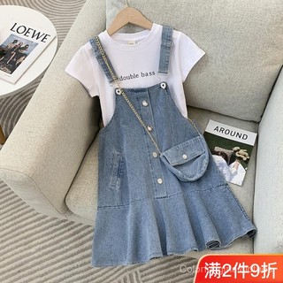  Trang phục cho bé gái quần áo trẻ em mới áo thun ngắn tay cho bé gái + váy denim tổng thể bộ hai mảnh 