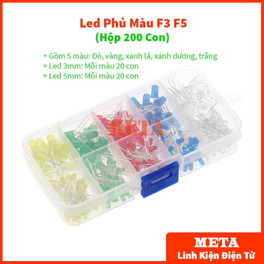[Hộp 200 Con] Led Phủ Màu 3mm và 5mm gồm 5 màu Đỏ, Vàng, Xanh Lá, Xanh Dương, Trắng - Led F3, Led F5