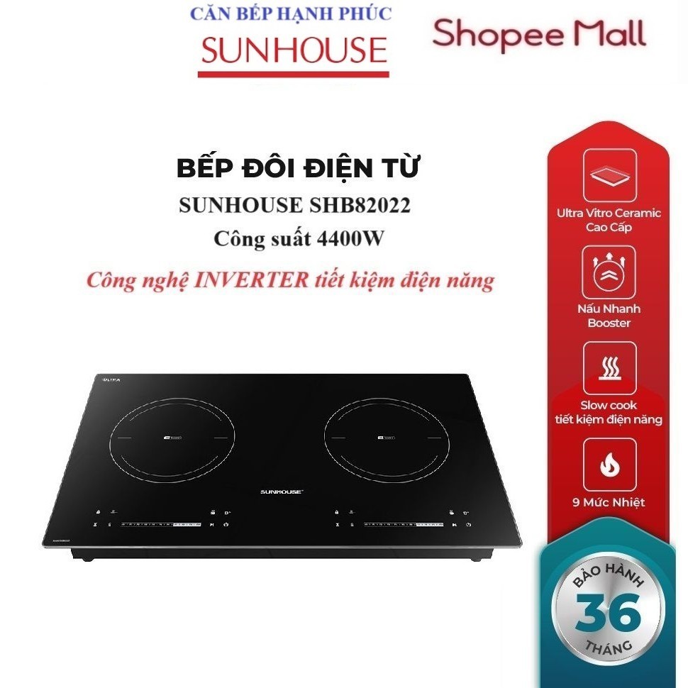 BẾP ĐÔI ĐIỆN TỪ SUNHOUSE SHB82022  - Booster nấu nhanh - 9 mức chỉnh, có tính năng slow cook - Mặt k