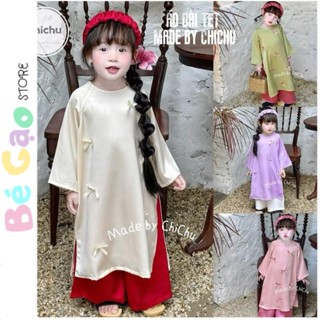 Áo dài cho bé gái cổ tròn đính nơ kèm cài tóc siêu đáng yêu cho bé gái mặc áo dài tết