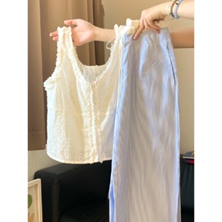 Áo vest ren không tay phong cách Hàn Quốc cho phụ nữ + quần cargo xanh, bộ hai mảnh quần rộng sọc thanh lịch