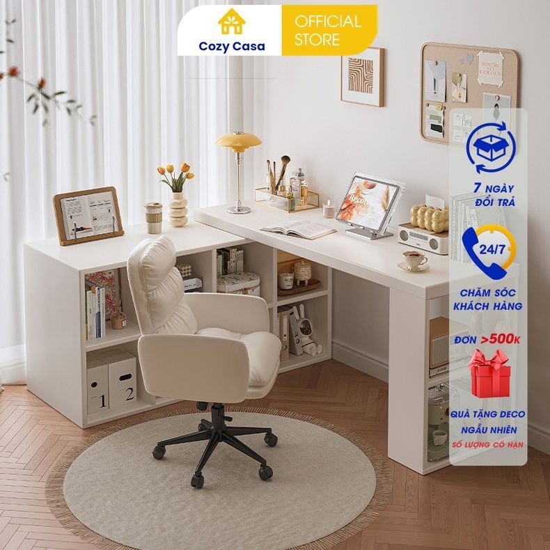 Kệ đỡ điện thoại gỗ để bàn làm việc chữ L có ngăn tủ gỗ MDF màu full trắng  - GP368