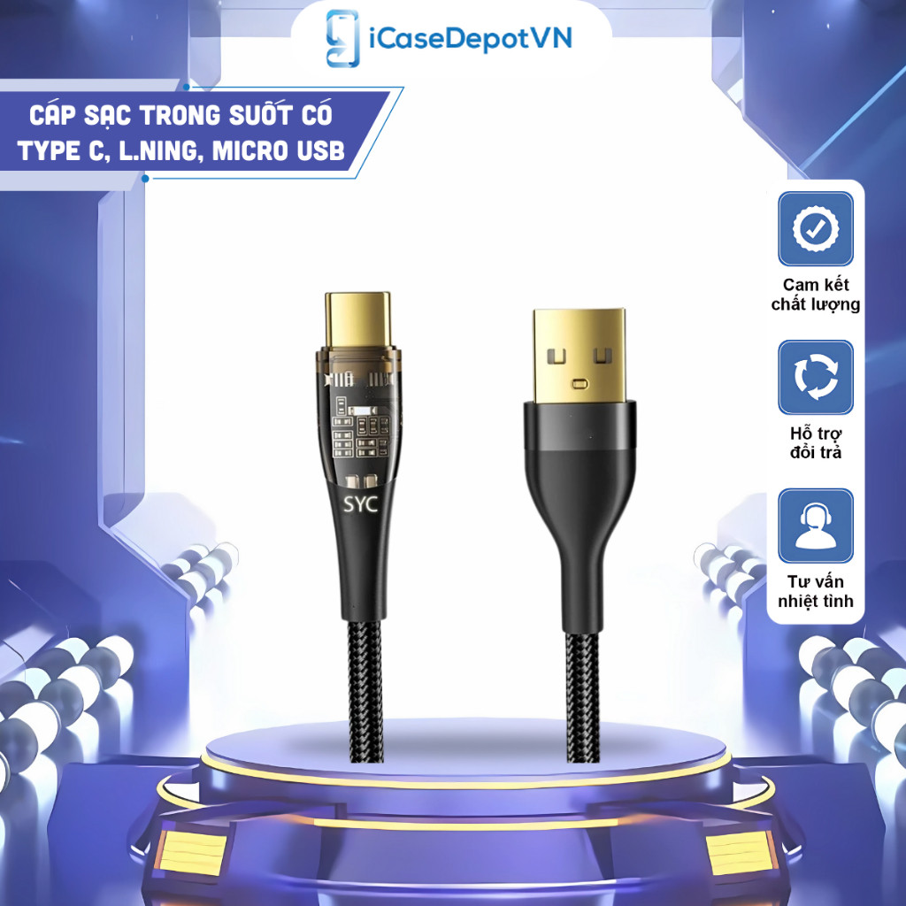 Dây sạc nhanh 120W SYC LL-10 trong suốt lộ main có đèn, tương thích điện thoại và Android sạc nhanh 
