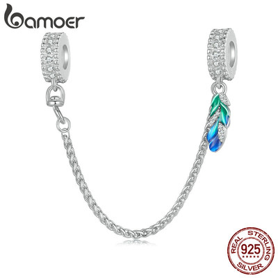 Bamoer 925 Sterling Sliver Charm Hạt Dây Xích An Toàn Thiết Kế Lông Vũ Tự Làm Cho Vòng Tay Quà Tặng Cho Nữ Bsc914