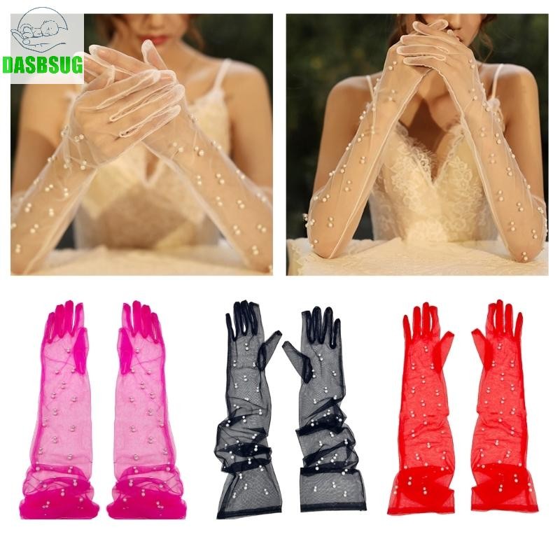 Bridal Gloves Pearls Studded Bride Full Finger Tulle for Women Girls Dress up