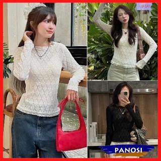  Áo thun dài tay viền ren hoạ tiết trám nhẹ nhàng tiểu thư 2 màu đen kem chất len mỏng basic dễ mặc A99-PANOSI 