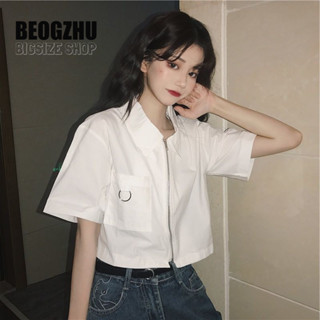 Áo Sơ Mi Nữ BEOGZHU Bigsize Kiểu Áo Croptop Tay Ngắn Có Cổ Khoá Kéo TrắNg Mùa Hè Phong Cách Thời Trang Hàn Quốc Đẹp