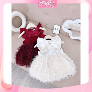 Váy đầm bé gái G65, váy nơ lưng phối lông cho bé gái