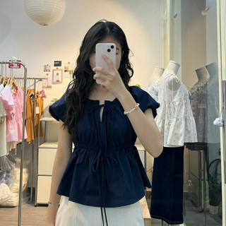  Áo Babydoll Linen Nữ Phối Nơ Tay Phồng Mùa Hè She Noiree - KA535 