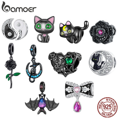 Bamoer 925 Sterling Sliver Charm Hạt Đen Tối Mát Mèo Mặt Dây Chuyền DIY Cho Vòng Tay Quà Tặng