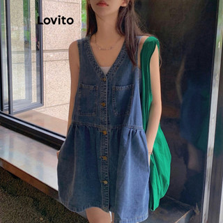 Đầm denim Lovito kiểu chữ A cài nút màu trơn thường ngày cho nữ LNE21116 (Màu xanh dương)