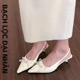 Giày cao gót mũi nhọn màu trắng thời trang nữ Xăng đan gót thấp phong cách Trung Quốc mới