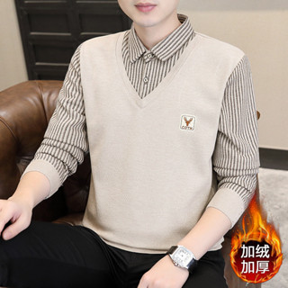  Áo Sơ Mi Cổ Áo Len Nam Thu Đông Dệt Kim Thường Ngày Lông Cừu Lót Dày Dài Tay Ấm Đáy Top Giả Hai Miếng 