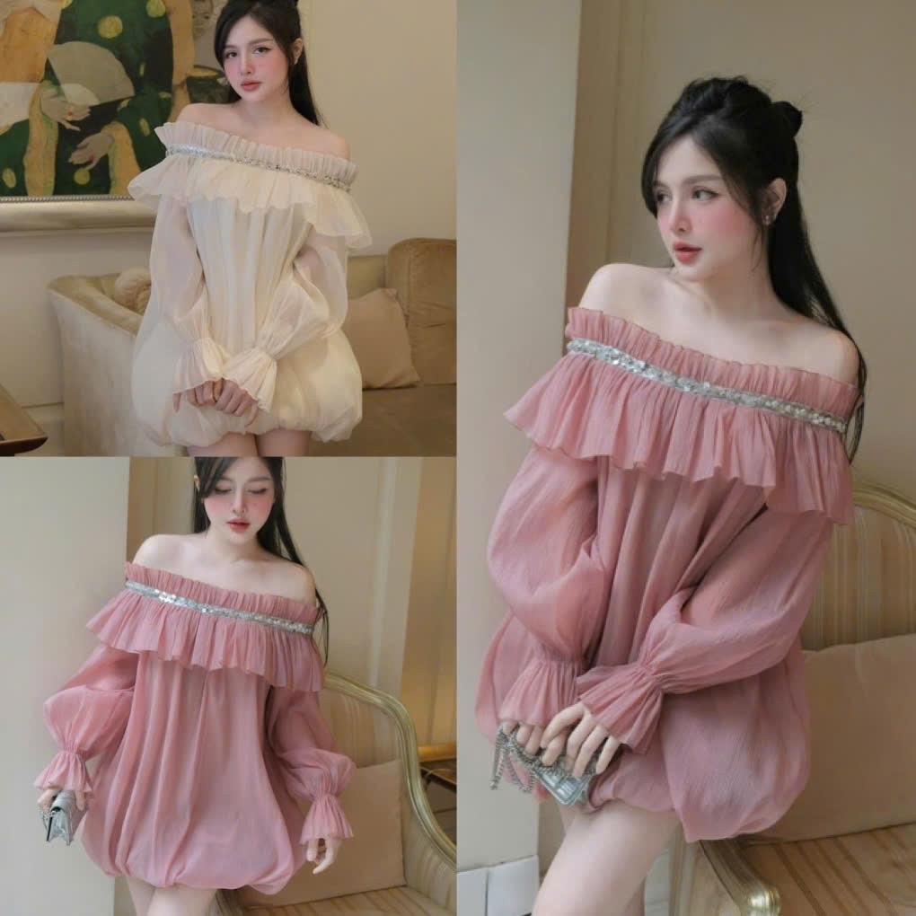 Váy babydoll trễ vai đính đá kim xa lấp lánh tay bồng hồng trắng, đầm trễ vai công chúa tay bồng xoè