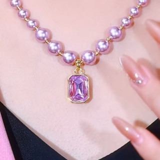 [Sẵn Sàng] Vòng Cổ Vuông Pha Lê Ngọc Trai Tím Pháp Màu Tím Đơn Giản Xia Cổ Tích Xương Đòn Siêu Cổ Tích Sáng Bóng Dây Chuyền Áo Len X250529
