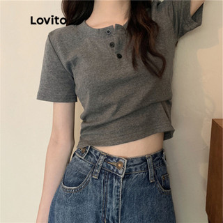 Lovito Áo thun thường ngày Nút trơn Áo thun phía trước dành cho nữ LNA07155  (Xám đậm)