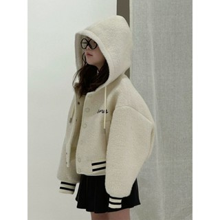 [Super Warm] Áo khoác phong cách Đại học cho bé gái Đồng phục bóng chày lông cừu dày dặn kiểu Tây thu đông Áo khoác cardigan trẻ em có mũ Han Zhenghan 5