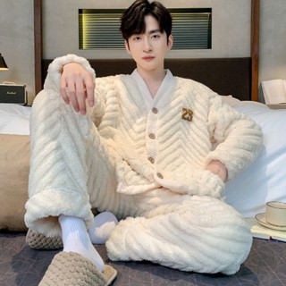 [Thời TRANG] Bộ Đồ Ngủ Nam Mùa Đông Lông Cừu San Hô Dày Plus Flannel Mùa Đông Cardigan Casual Homewear Thu Đông Phong Cách Bộ Đồ Ngủ Mùa Đông Nam