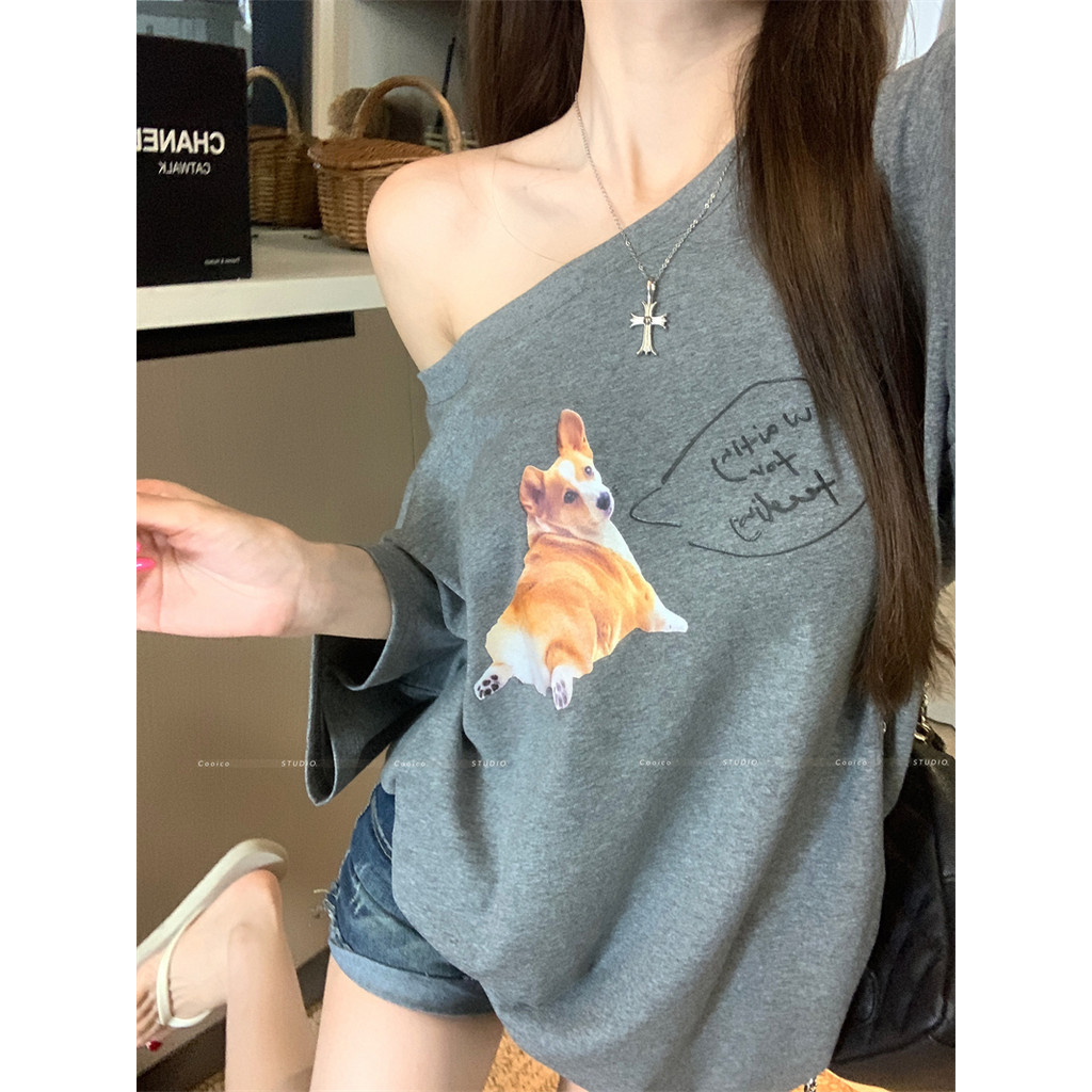【Sinbounboun】Quần áo nữ mùa hè phong cách Hàn Quốc dáng rộng Áo thun ngắn tay in hình chó con màu xám giản dị | BigBuy360 - bigbuy360.vn