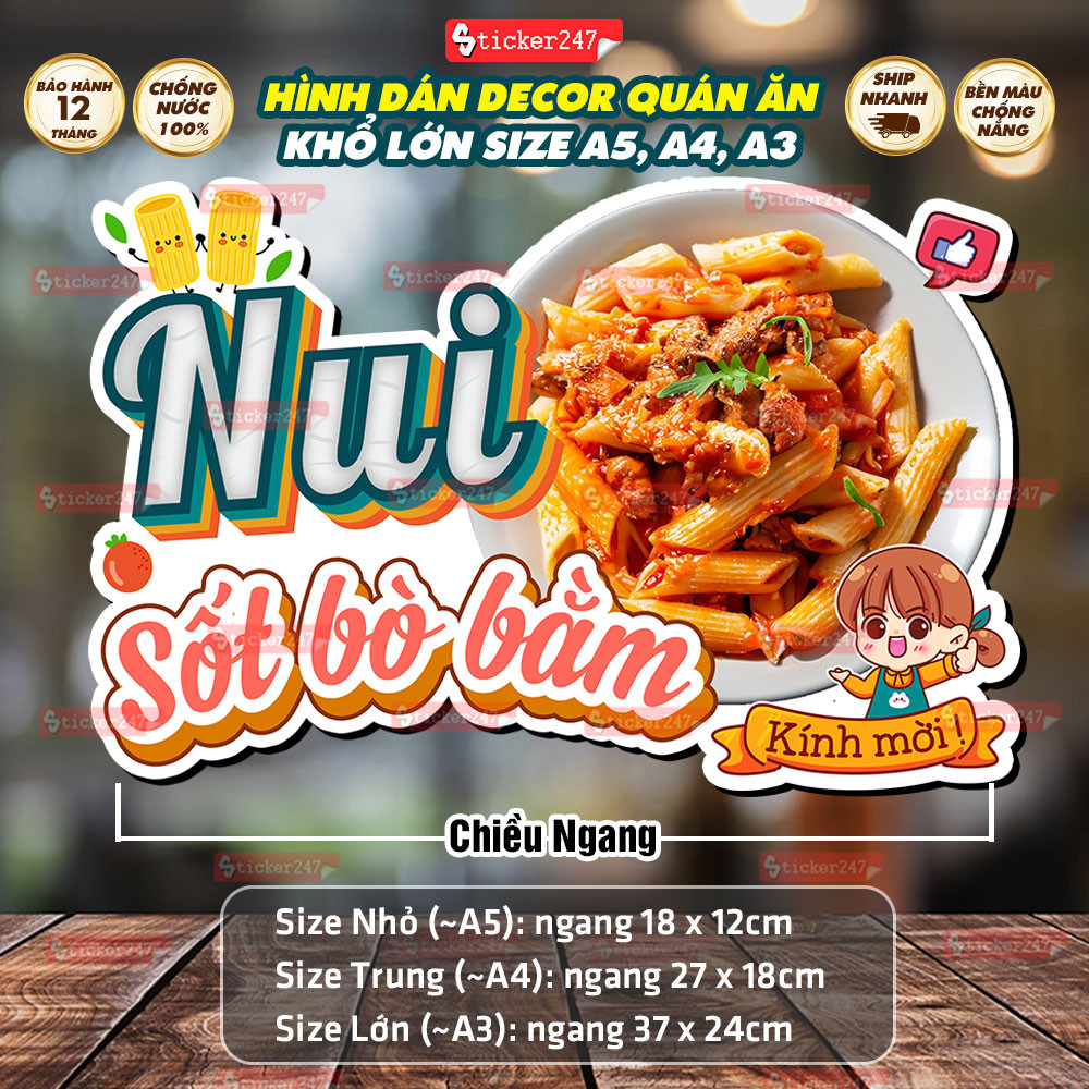 Decal Nui Sốt Bò Bằm Pasta 🍓 Hình Dán Nui Sốt Bò Bằm, Nui Trộn Chống Nước Dán Quán Ăn, Đồ Ăn Sáng, D