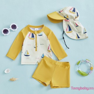 Bộ đồ bơi Baby Boys Rash Guard In thuyền buồm Áo dây kéo dài tay + Quần short chắc chắn + Mũ bơi 3 trang phục