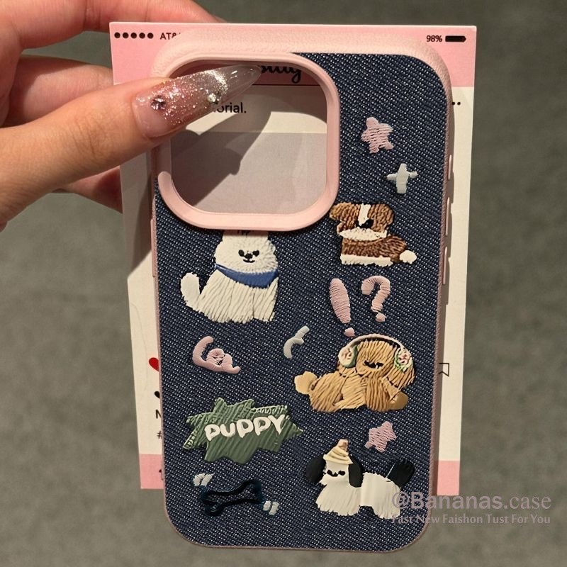 Ốp điện thoại iPhone 17 16 15 14 13 12 11 Pro Max X Xr Xs Max Phim hoạt hình thêu Cowboy Puppy Cặp đôi da mềm