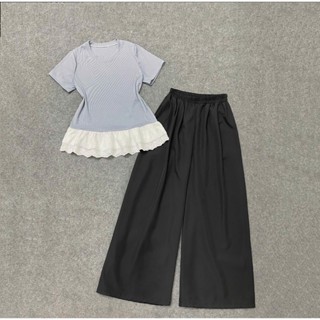 Set Đồ Bigsize Nữ Áo Kiểu Tay Ngắn Vạt Ren Kèm Quần Ống Rộng Lụa Suông Dài Nữ Tính SET(A281+Q530)