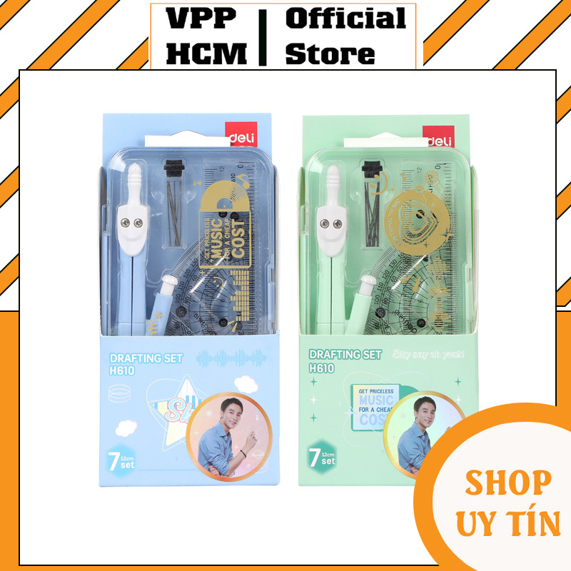 Bộ compa thước eke Deli H610 - 7 Món Gồm Compa, Eke, Thước kẻ, Bút chì