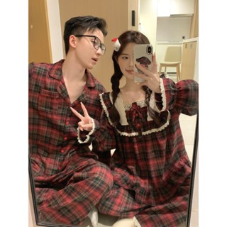 BN643_Bộ ngủ nam nữ, pijama đôi dài tay hoạ tiết kẻ caro đỏ Giáng Sinh Noel chất cotton | Hàng Quảng Châu cao Cấp