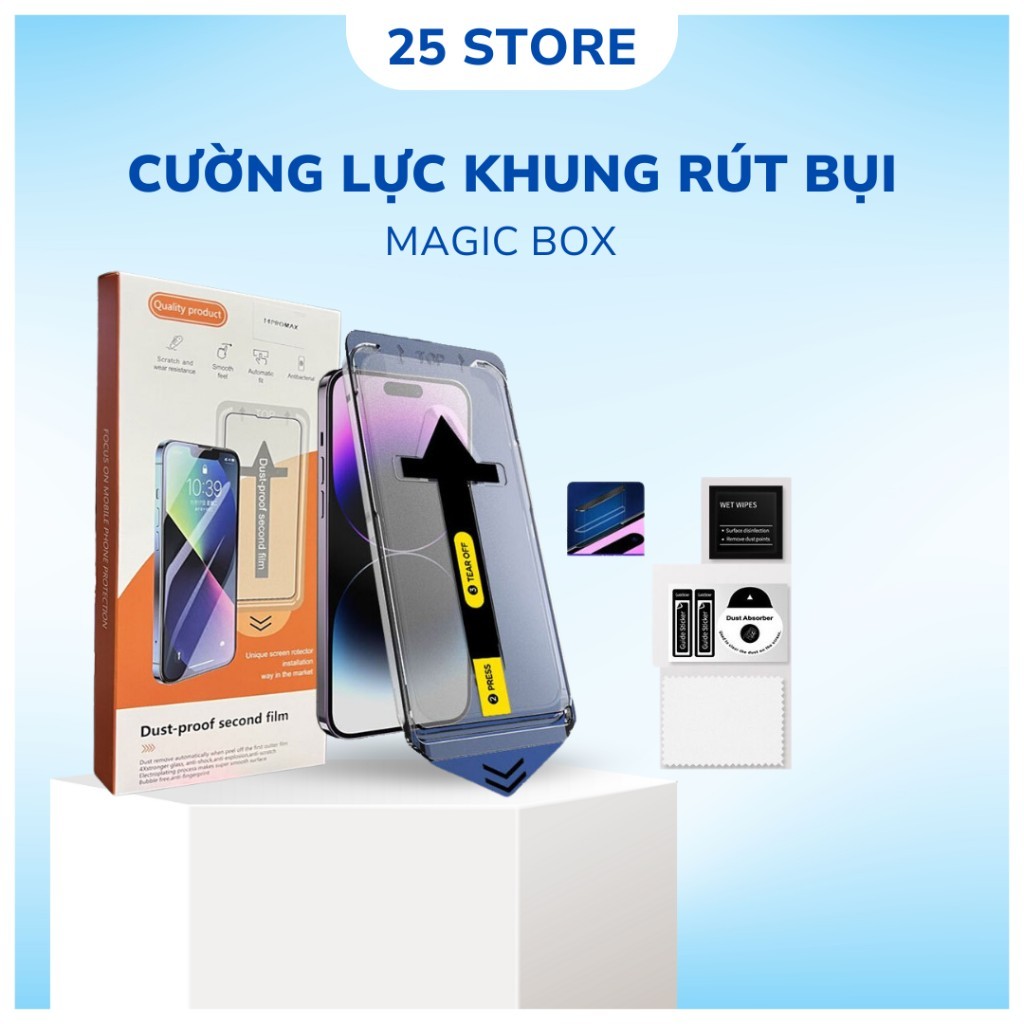 Kính Cường lực iphone MAGIC BOX BLACK ARROW có khung tự dán, tự hút bụi - miếng dán màn hình iphone
