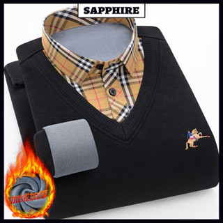 Áo sơ mi giữ nhiệt mẫu mới Promon Áo Dệt Kim Nam Thanh Niên TRUNG NIÊN giả hai lớp lót nhung dày dặn Áo len chui đầu