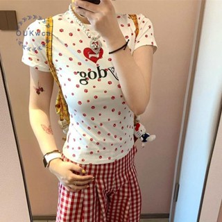 OUKwca Hình Trái Tim Dễ Thương Chó Paw In Áo Thun Nữ Thời Trang Y2K Cổ Tròn Tay Ngắn Slim Áo Thun Mới
