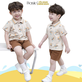  Set bộ polo bé trai màu nâu họa tiết cây dừa in tràn kèm quần short kaki 1 đến 7tuổi BERNIE H1124B14 