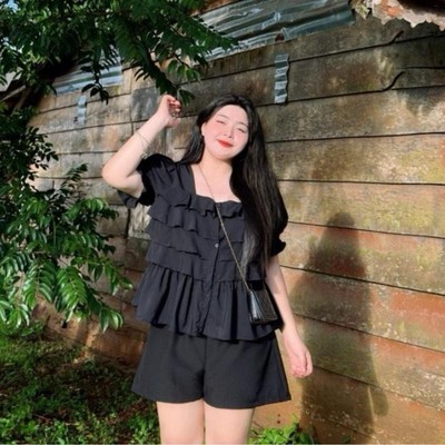 Đồ Bộ Bigsize Nữ Áo Babydoll Tay Phồng Vạt Xòe Kèm Quần Đùi Sọc Năng Động SM36+Q500